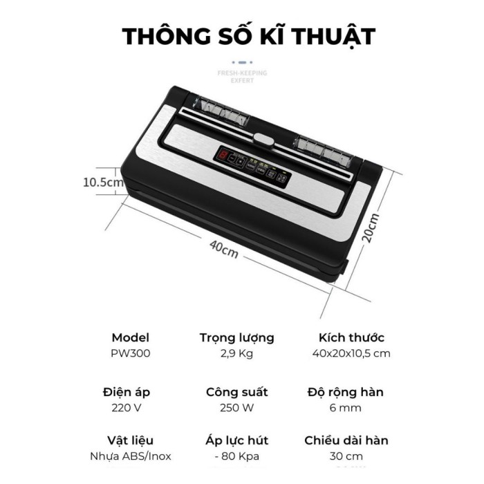 Máy hút chân không PW300A - Không kén túi, hút kiệt, 2 motor mạnh mẽ, tích hợp cắt túi tiện lợi