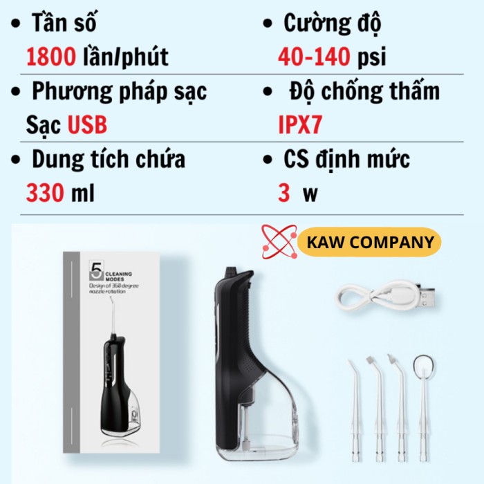 Máy tăm nước cầm tay KAW - 4 đầu phun đa năng, màn hình LED thông minh, làm sạch răng toàn diện, bảo vệ nướu