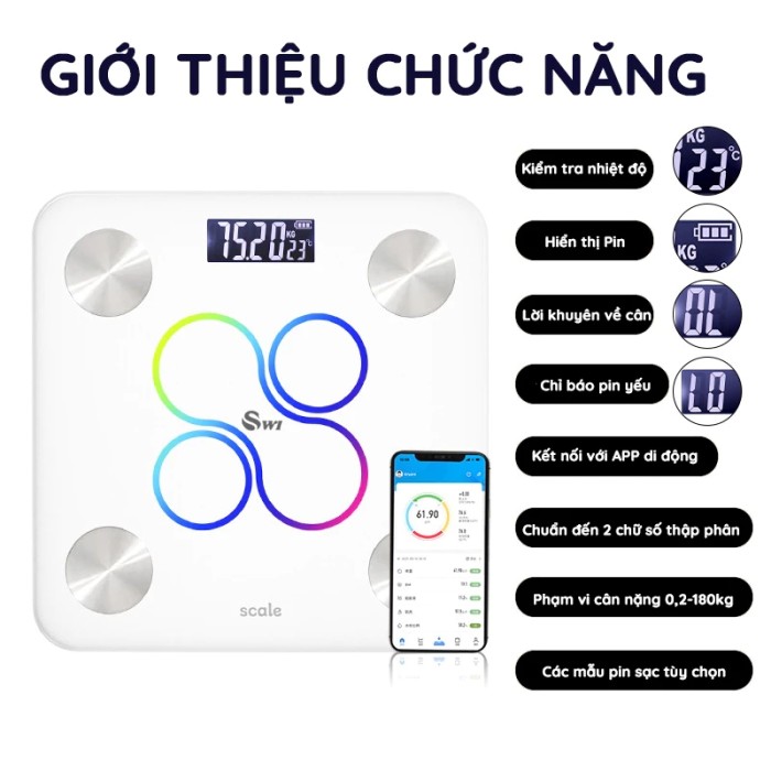 Cân Sức Khỏe Thông Minh KAW - Phân Tích 12 Chỉ Số Cơ Thể, Cảm Biến Siêu Nhạy, Kết Nối Bluetooth, Màn Hình LED Hiển Thị Rõ Nét