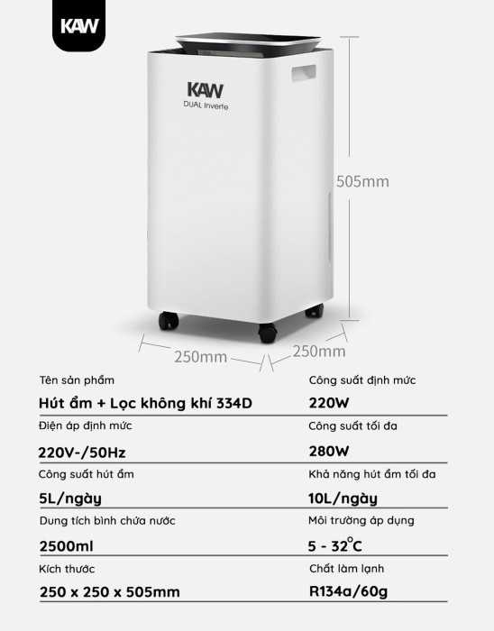 Máy Hút Ẩm KAW 12L, Lọc không khí, Bảo vệ sức khỏe hô hấp, Khử mùi hôi